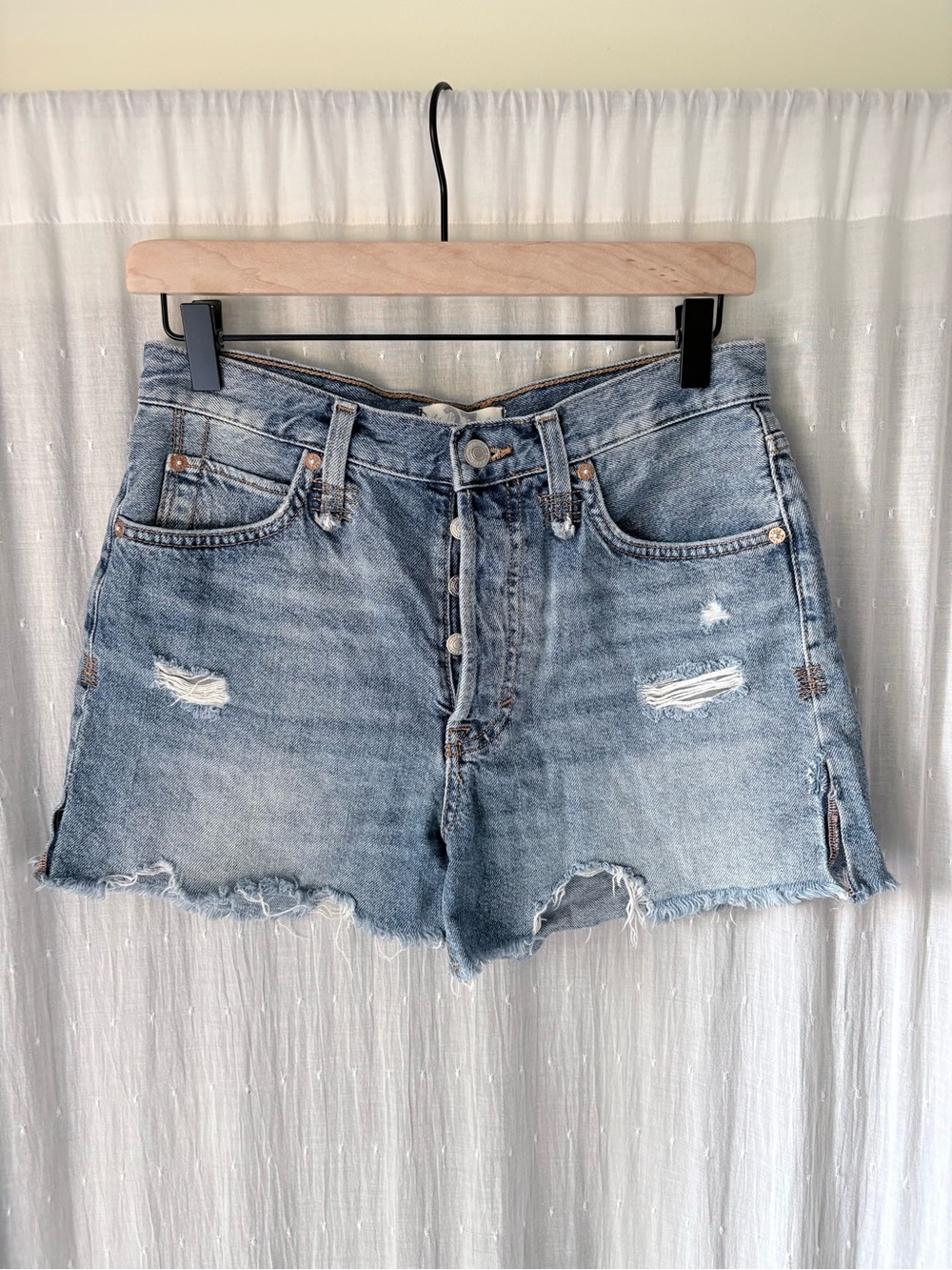 We The Free Distressed High-Rise Denim Shorts - Light Blue